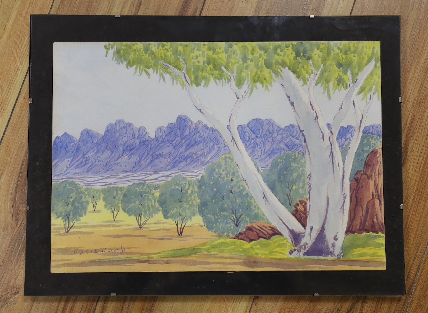 Basil Rantji (Australian), aboriginal landscape watercolour in glazed frame 25x36cm